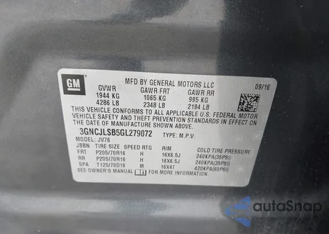 2016 Chevrolet Trax Lt z USA, uszkodzony, nr VIN 3GNCJLSB5GL279072